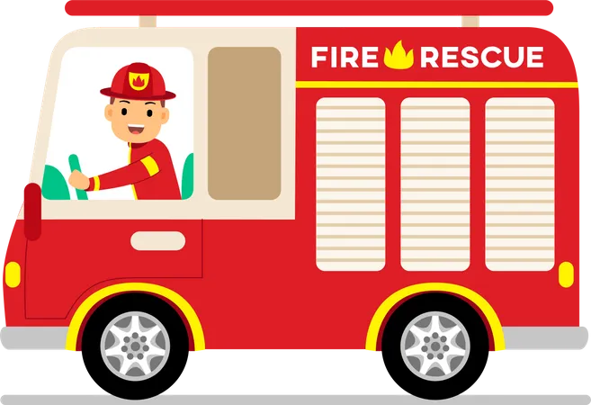 Bombero conduciendo un camión de rescate contra incendios  Ilustración