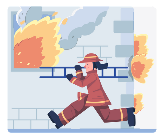 Bombero corriendo hacia una emergencia de incendio para una evacuación de emergencia usando una escalera  Ilustración