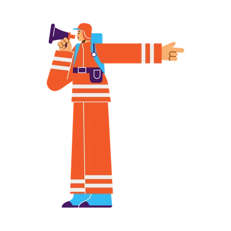 Bombero del equipo de rescate con megáfono anuncia la evacuación  Ilustración