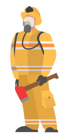 Bombero en uniforme sosteniendo hacha  Ilustración