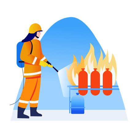 Bombero rociando oxígeno al fuego  Ilustración