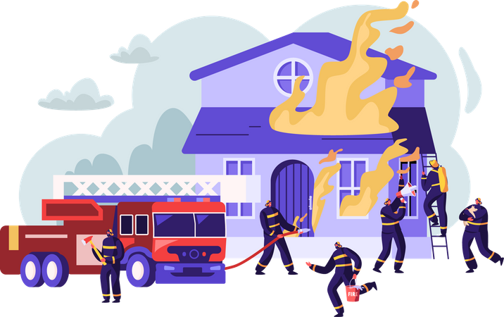 Bombero trabajando en el lugar de emergencia contra incendios  Ilustración