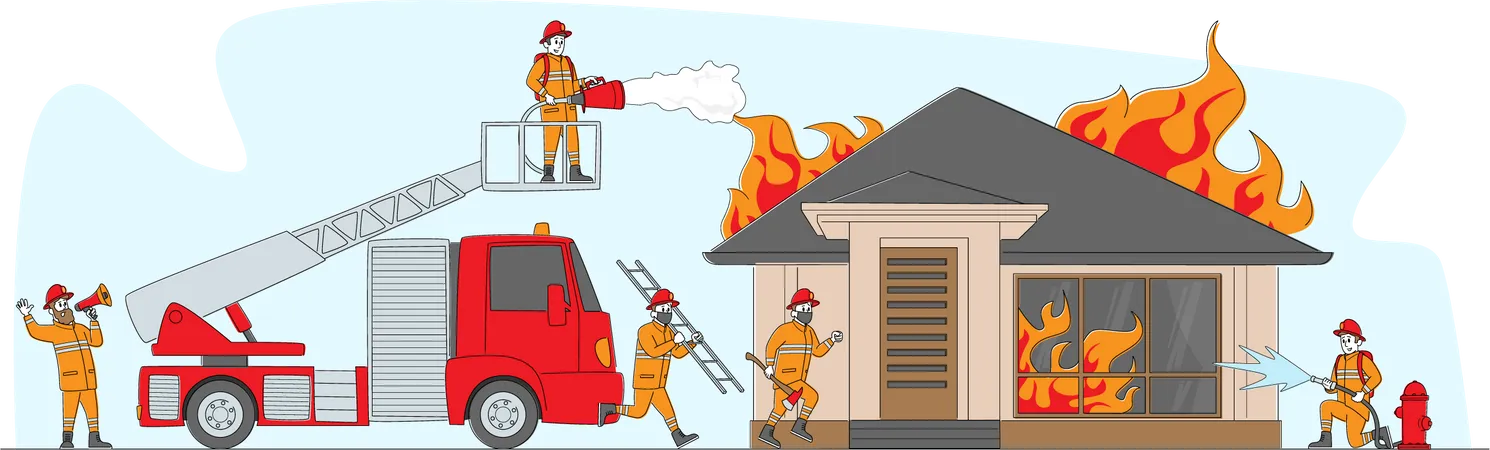 Bombero trabajando en un lugar de emergencia por incendio  Ilustración