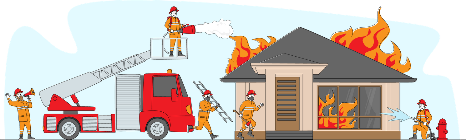 Bombero trabajando en un lugar de emergencia por incendio  Ilustración