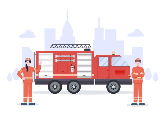 Bomberos con camión de bomberos.  Ilustración