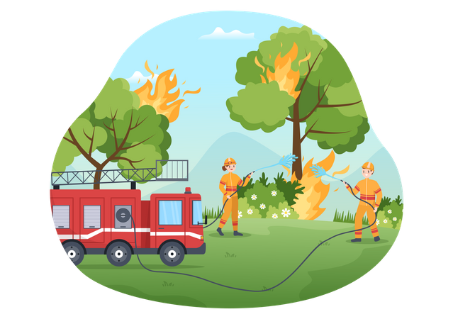 Bomberos extinguiendo el incendio de los árboles.  Ilustración