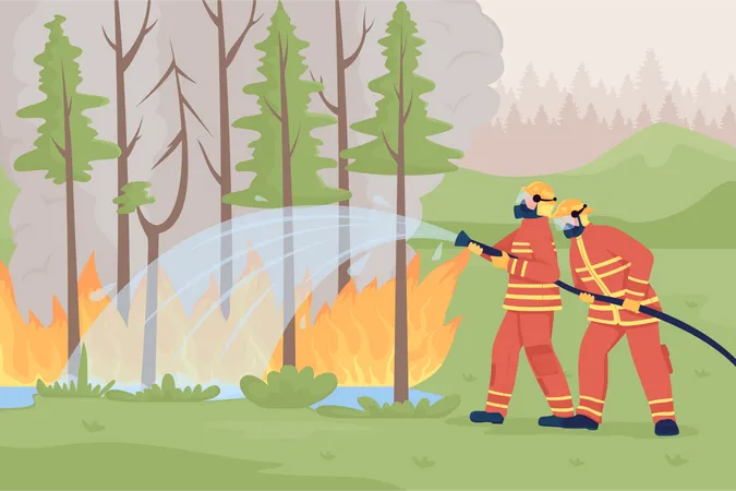 Bomberos sofocando un incendio forestal  Ilustración