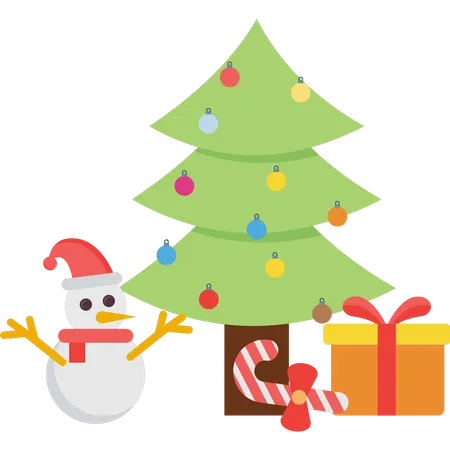 Boneco de neve com árvore de natal e presentes  Ilustração