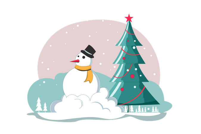 Boneco de neve de Natal com árvore de Natal  Ilustração