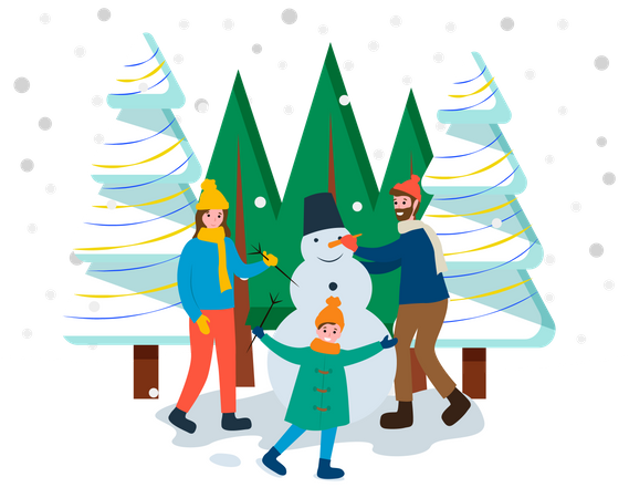 Família fazendo boneco de neve  Ilustração