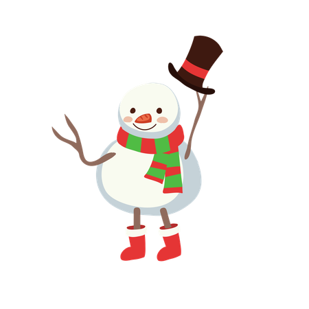 Boneco de neve fofo em traje de inverno segurando chapéu na mão  Ilustração