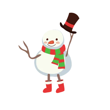 Boneco de neve fofo em traje de inverno segurando chapéu na mão  Ilustração