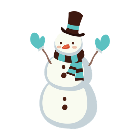 Boneco de neve fofo em traje de inverno usando luvas azuis  Ilustração