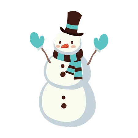 Boneco de neve fofo em traje de inverno usando luvas azuis  Ilustração