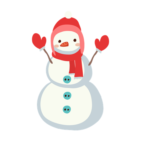 Boneco de neve fofo em traje de inverno usando roupas vermelhas  Ilustração