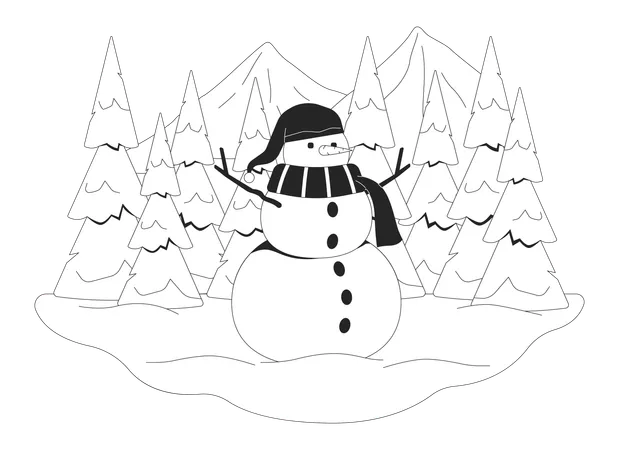 Boneco de neve fofo em meio a montanhas nevadas  Ilustração