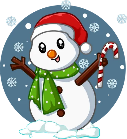 Boneco de neve fofo traz doces de Natal no inverno  Ilustração