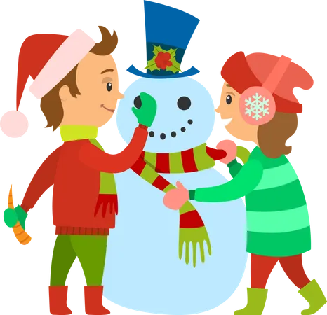 Crianças decorando boneco de neve  Ilustração