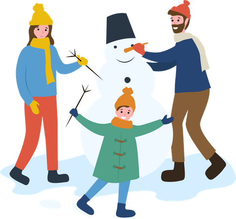 Família fazendo boneco de neve  Ilustração