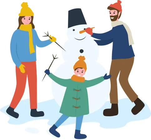 Família fazendo boneco de neve  Ilustração