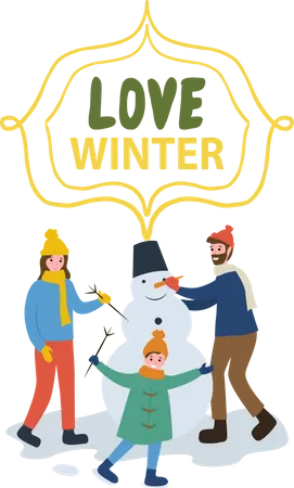 Família fazendo boneco de neve  Ilustração