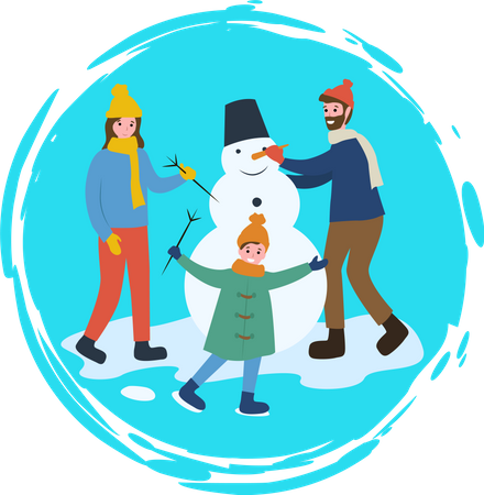 Família fazendo boneco de neve  Ilustração