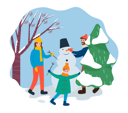 Família fazendo boneco de neve  Ilustração