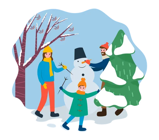 Família fazendo boneco de neve  Ilustração