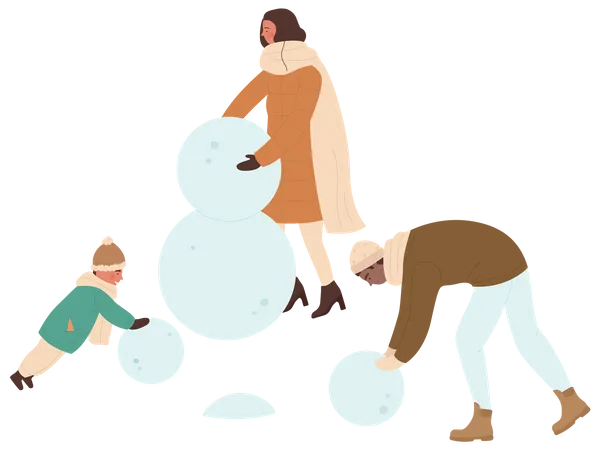 Família fazendo boneco de neve  Ilustração