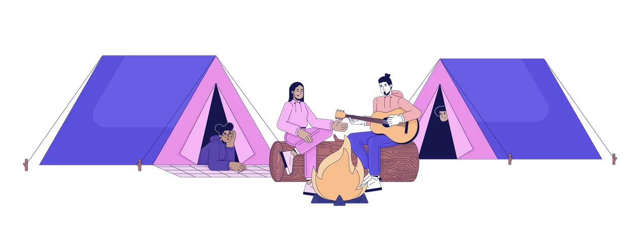 Bonfire Friends Camping Tents 2 D Linear Cartoon Characters Campfire Playing Guitar Diverse Isolated Line Vector People White Background Vacation Togetherness Color Flat Spot Illustration Illustration