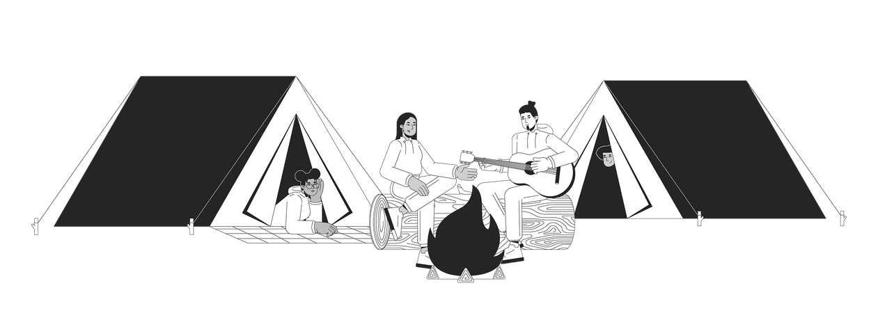 Bonfire friends camping tents  Illustration