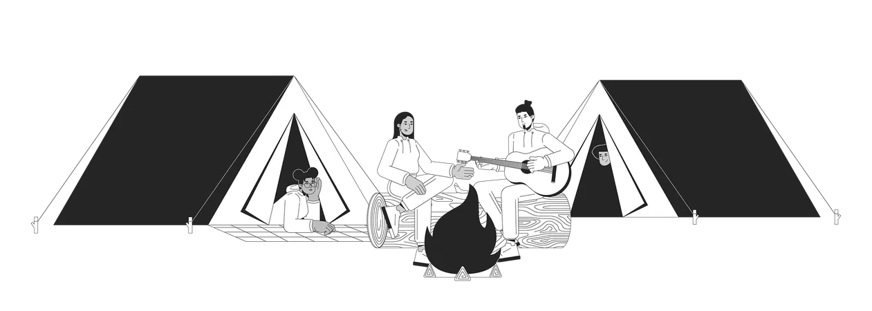 Bonfire Friends Camping Tents Black And White 2 D Line Cartoon Characters Campfire Playing Guitar Diverse Isolated Vector Outline People Vacation Togetherness Monochromatic Flat Spot Illustration Illustration