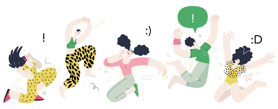Bonheur - des gens heureux sautant joyeusement en l'air  Illustration
