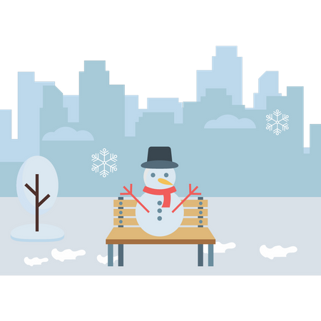 Bonhomme de neige assis sur un banc  Illustration