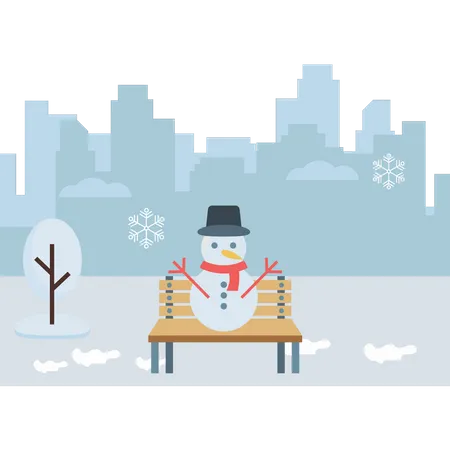 Bonhomme de neige assis sur un banc  Illustration