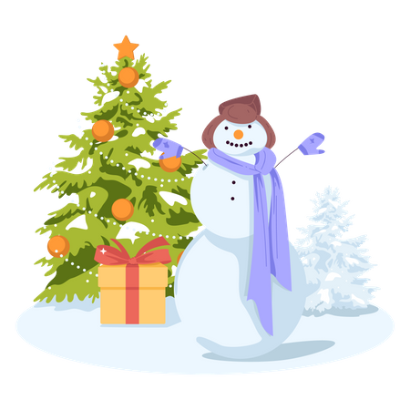 Bonhomme de neige avec arbre de Noël  Illustration