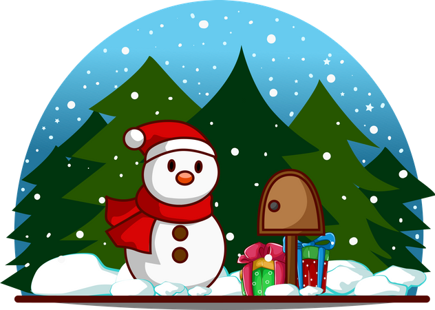 Bonhomme de neige avec boîte d'emballage et cadeaux la veille de Noël  Illustration