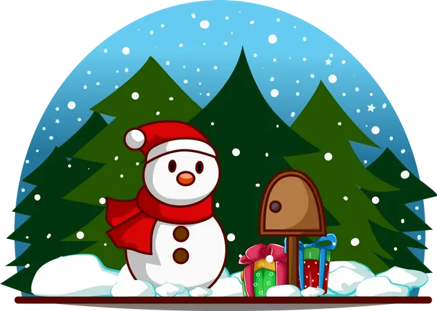 Bonhomme de neige avec boîte d'emballage et cadeaux la veille de Noël  Illustration