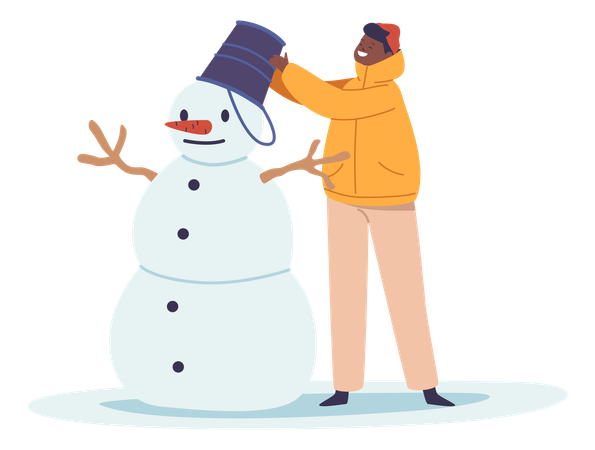 Bonhomme de neige avec nez de carotte et chapeau de seau dans une aire de jeux enneigée  Illustration