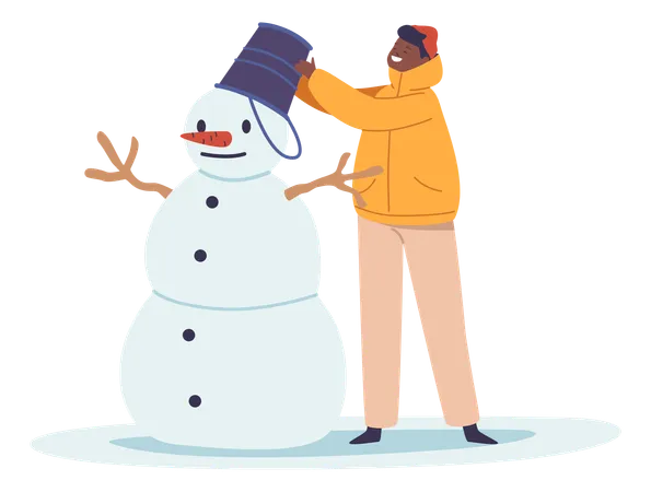 Bonhomme de neige avec nez de carotte et chapeau de seau dans une aire de jeux enneigée  Illustration