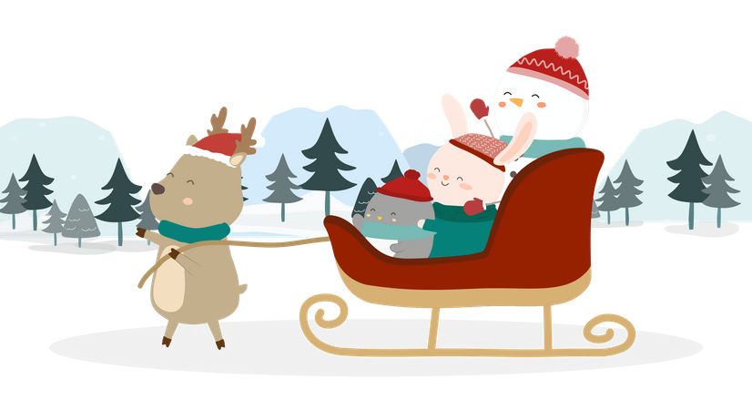 Bonhomme de neige avec traîneau à rennes  Illustration