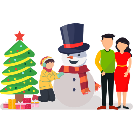 Bonhomme de neige de construction de famille heureuse  Illustration