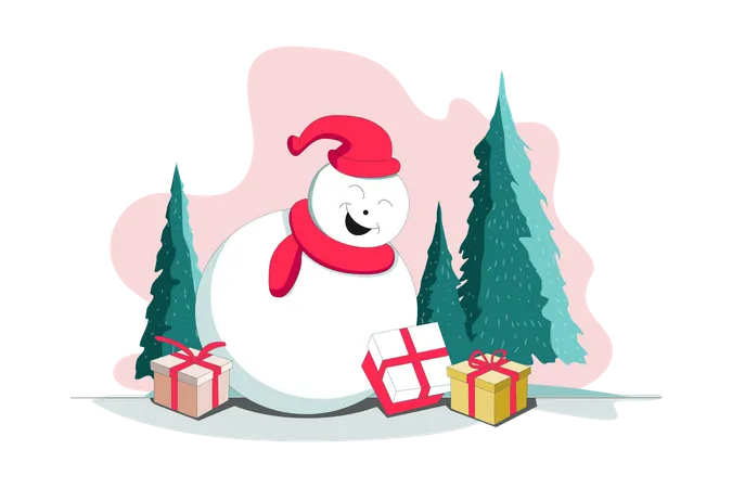 Bonhomme de neige de Noël avec cadeau  Illustration