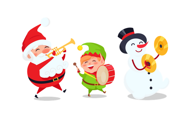 Bonhomme de neige, elfe et père Noël avec des chants de trompette  Illustration