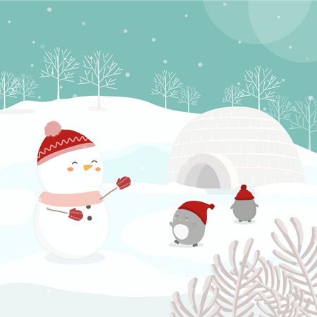 Bonhomme de neige et pingouins sur la neige  Illustration