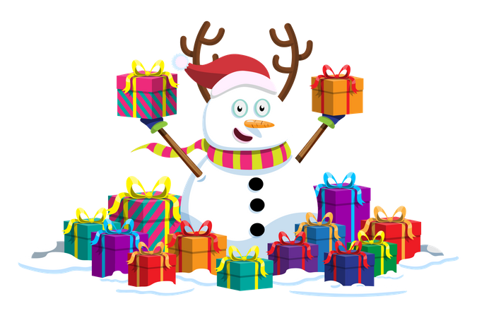 Bonhomme de neige tenant des cadeaux  Illustration