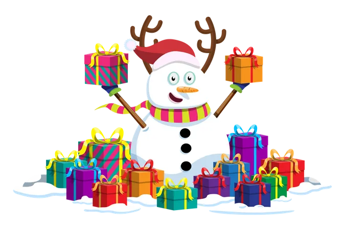 Bonhomme de neige tenant des cadeaux  Illustration