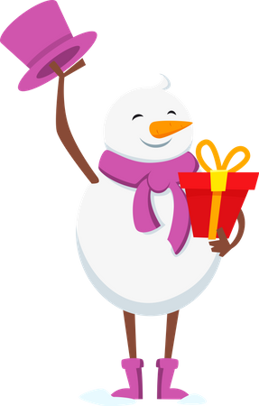 Bonhomme de neige tenant un cadeau  Illustration