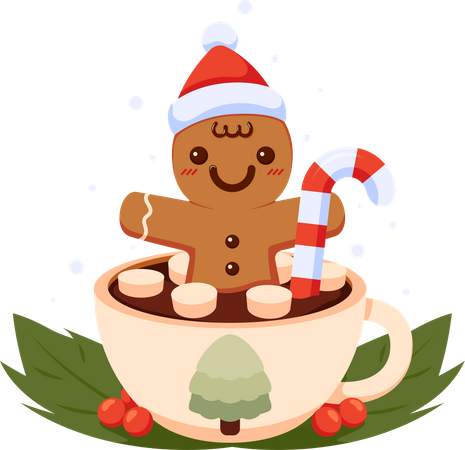 Bonhomme en pain d'épice avec bonnet de Noël à l'intérieur d'une tasse à café  Illustration