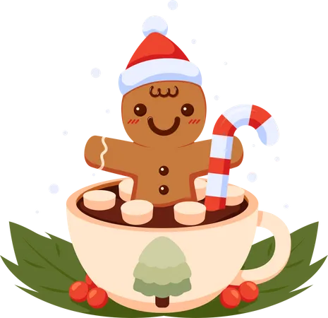 Bonhomme en pain d'épice avec bonnet de Noël à l'intérieur d'une tasse à café  Illustration